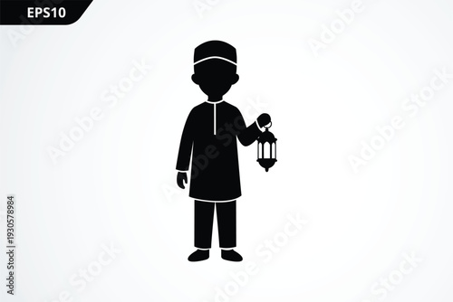 Black silhouette of moslem boy bring lantern
