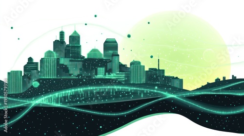 Futuristic city skyline at night, abstract art, digital design, possible use in tech presentations