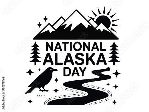 National Alaska Day, scenic illustration, mountains, rivers, and wildlife celebration design, vector artwork featuring Alaskan landscapes, nature, animals, and outdoor adventure, perfect for posters.