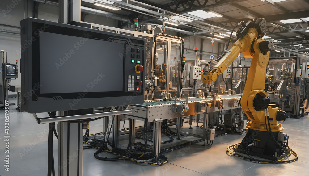 Fototapeta premium Automated Industrial Production Line with Robotic Arm and Control Panel in Modern Factory Setting for Efficiency and Innovation Development