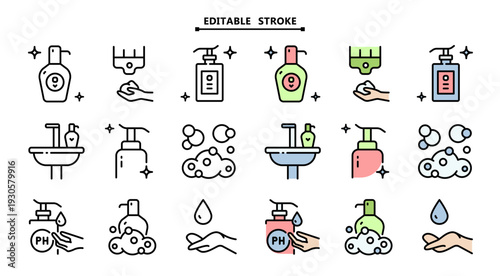 Hand Sanitizer and Cleanser Icon Set: Pump Bottle, Gel, Foam, Liquid Soap and Dispenser for Daily Hygiene and Skin Care