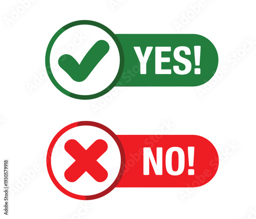 Yes and No check marks, icon set, vector symbols of approval and rejection, positive and negative validation signs for apps, websites, surveys, and UI UX interfaces, flat modern design isolated.