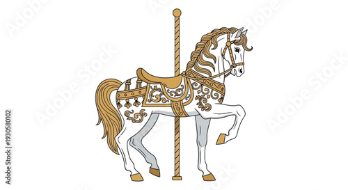 An ornate carousel horse with detailed carving and golden accents is depicted in a stark silhouette high quality professional modern elegant
