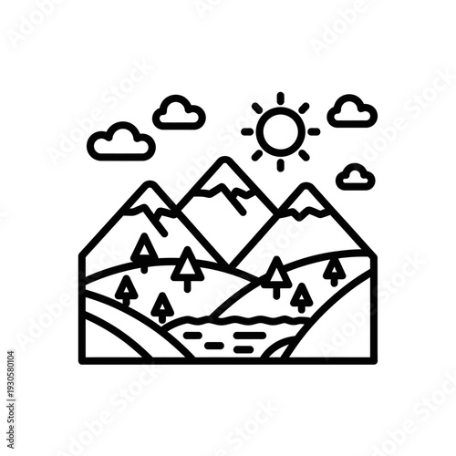 Minimalist Mountain Landscape with Sun and Clouds for Nature and Outdoors Photography