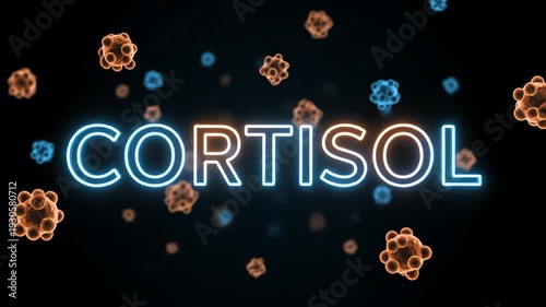 Neon 'CORTISOL' text with glowing abstract biological particles, visualizing the crucial stress hormone's role in human health, physiological responses, and body system regulation