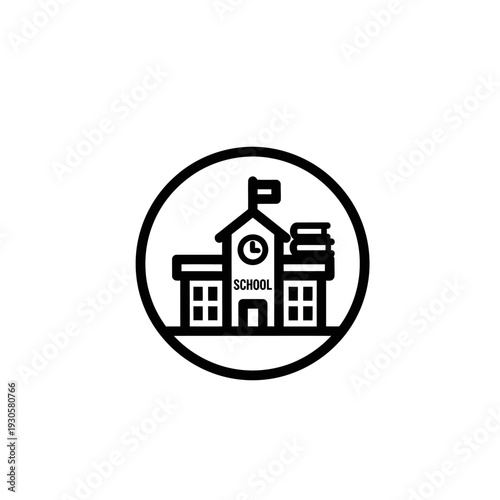 Minimalist School Building Illustration with Flag and Clock Icon
