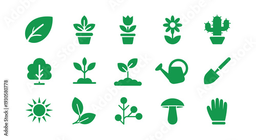 Plant Vector Gardening Icons with Leaves Pots Tools