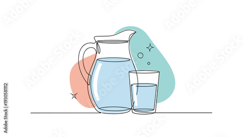 Healthy hydration concept featuring a glass pitcher filled with water and a full drinking glass with decorative background elements and stars.