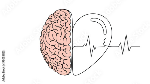 Logic and emotion balance concept showing a human brain and a heart joined together with a steady pulse monitor line through the middle.
