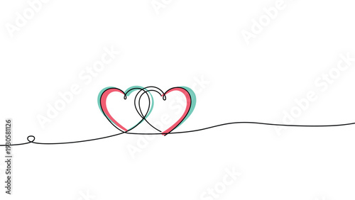 Loving relationship and bond concept showing two interlocked hearts with soft pink and green color accents in a continuous line drawing style.