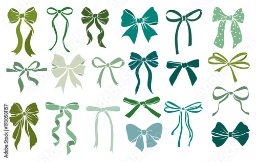 Flat vector illustration of diverse green bows in multiple styles and shades, arranged on transparent background, featuring loops, streamers, and subtle details.