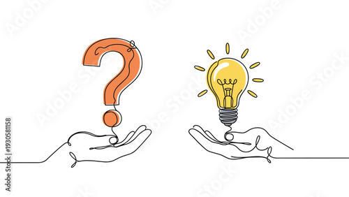 One line drawing of hands holding an orange question mark and a yellow glowing light bulb representing creative problem solving.