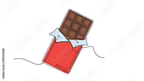 Sweet treat and indulgence concept featuring a classic bar of chocolate partially unwrapped with its red and silver foil showing.