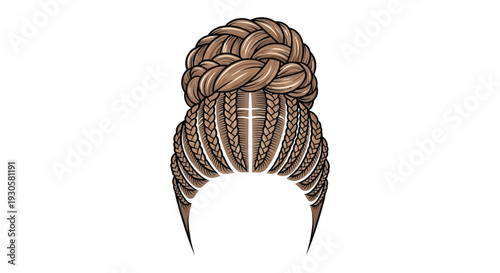 Intricate braided hairstyle design featuring a complex crown braid with flowing strands shown as a silhouette high quality professional detailed modern