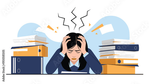 Frustrated and stressed business woman sitting at a desk between high piles of office folders and messy paperwork documents.