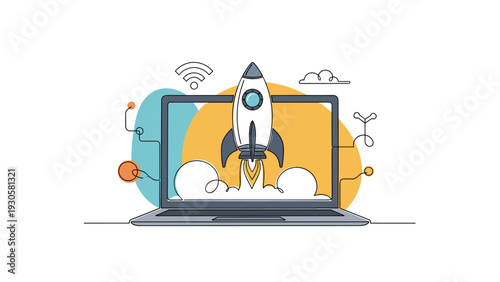Business startup concept with a rocket ship launching from a laptop screen in a colorful and vibrant line art illustration.