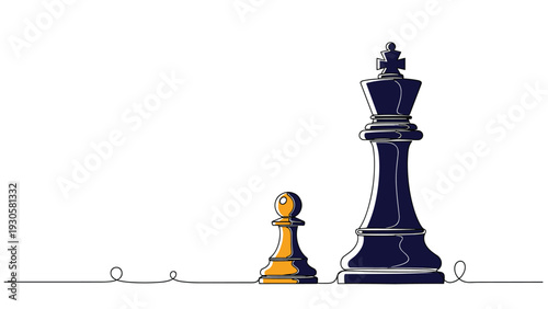 Strategy and leadership concept illustrated by a small yellow pawn next to a large blue king chess piece on a white background.