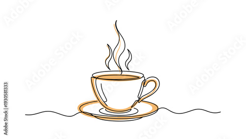 Single line drawing of a steaming cup of coffee or tea sitting on a saucer with warm brown and orange minimalist accents.