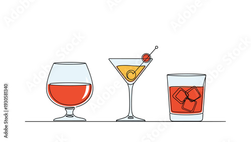 Continuous line drawing of three different glasses of alcoholic beverages including cognac, martini cocktail, and whiskey.