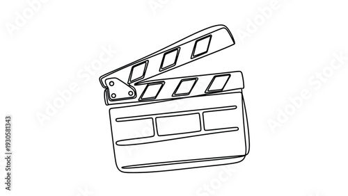 Film production and cinema concept shown by a black clapperboard in a minimalist continuous line drawing on white.