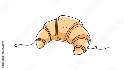 Delicious and flaky freshly baked croissant pastry with golden brown color in a single continuous line art drawing.