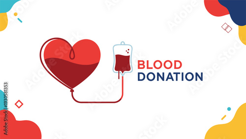 Healthcare concept for blood donation showing a red heart connected to a donation bag with life saving liquid inside.