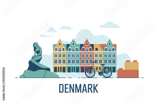 Denmark Landmarks and Mermaid Statue Illustration