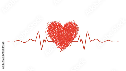 Emotional and health concept with a scribbled red heart and a heartbeat pulse line in a minimalist single line drawing.