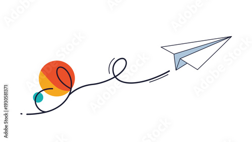 Innovation and creativity concept shown by a paper airplane flying with a trail of colorful dots and circular shapes.
