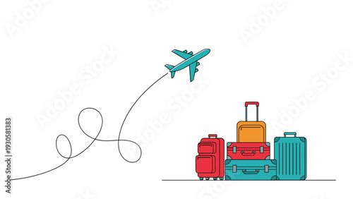 Vacation travel concept with a pile of colorful suitcases and a small airplane taking off in the sky in a line art style.