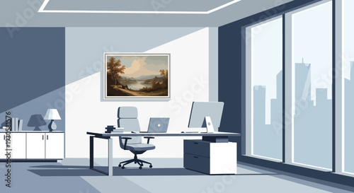 Modern Office Workspace with Computer and Chair.