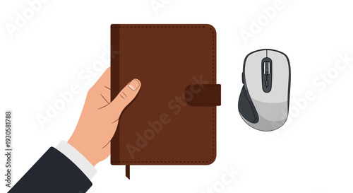 Hand holding brown leather journal with mouse.