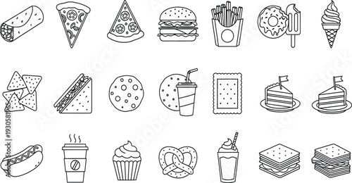 Hand drawn line art vector icon set of fast food and snacks featuring pizza burgers fries hot dogs donuts and ice cream