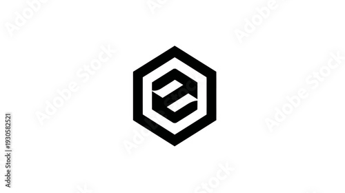 A simple, geometric black logo featuring a stylized "E" shape within a hexagon on a white background