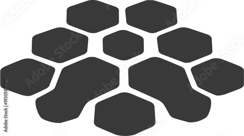 Abstract graphic illustration with interconnected, hexagonal and irregular shapes arranged in a cluster