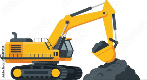 Yellow excavator digging into pile of dirt on white background