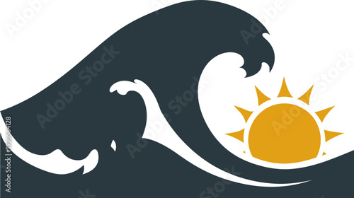 A stylized illustration depicting a large wave cresting with a sun setting on the horizon