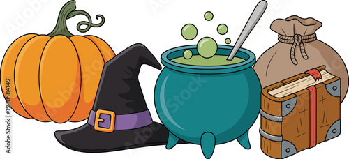 Halloween witch objects illustration with pumpkin, bubbling cauldron potion, magic spell book, witch hat and sack isolated on white background cartoon clipart design