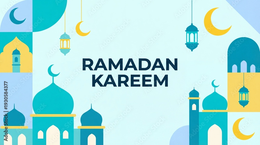 Fototapeta premium Ramadan Kareem Greeting with Mosques and Crescent Moons.