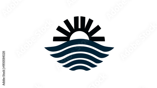 Graphic with sun above stylized waves. Sun rays extend from semi-circle above undulating lines