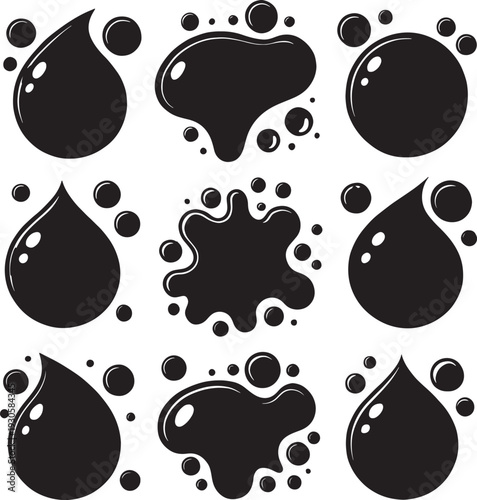 Set of minimalist black liquid drop and splash silhouettes with glossy highlights for oil, ink, and water