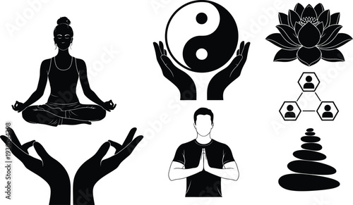 Black silhouette vector set of yoga meditation and zen wellness icons featuring lotus flower yin yang balancing stones and people meditating
