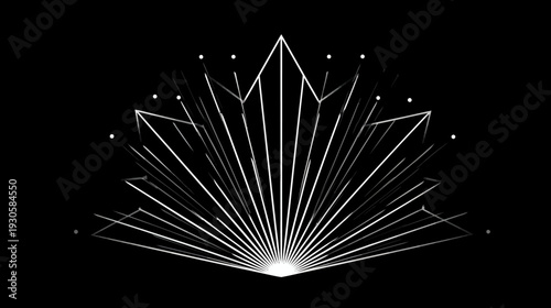 Black and white abstract fan-like graphic with linear elements and dots