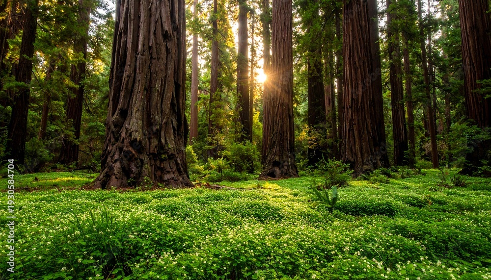 Fototapeta premium Sunlit Giants - Majestic Redwoods in a Verdant Forest.