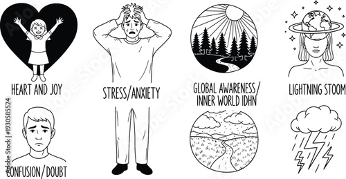 Hand drawn line art vector icon set featuring mental health concepts like stress anxiety confusion joy global awareness and inner world
