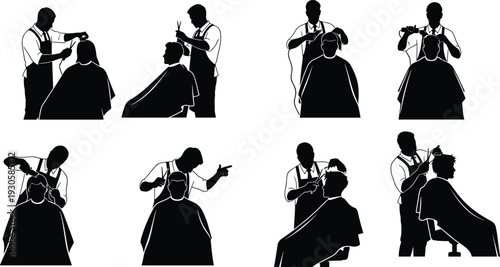 Barber silhouettes cutting customer hair with scissors and clippers, haircut process stages, professional hairstyling, grooming service illustration artwork concept
