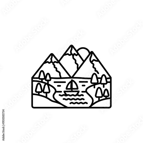 Scenic Mountain Landscape with Tree-lined Lake and Rocky Peaks for Nature Photography