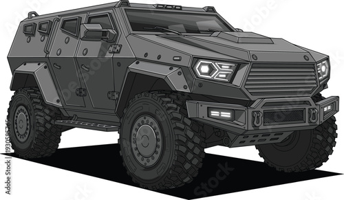 Armored tactical vehicle with reinforced panels, bulletproof windows, off-road tires, grille guard, roof equipment, military transport design, rugged terrain, security operations illustration
