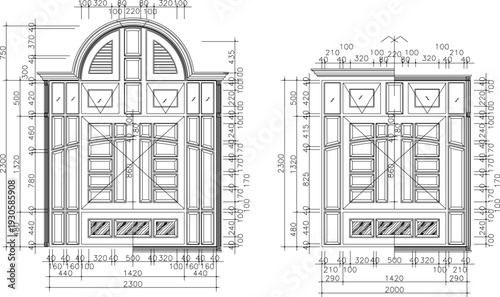 Vector sketch illustration silhouette design architectural details construction section view facade door frame window house with interior and scale size classic vintage traditional 