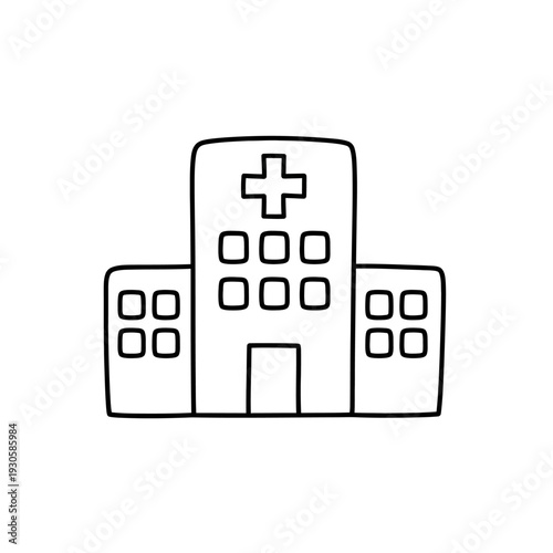 Simple Black and White Hospital Building Icon for Medical and Healthcare Themes